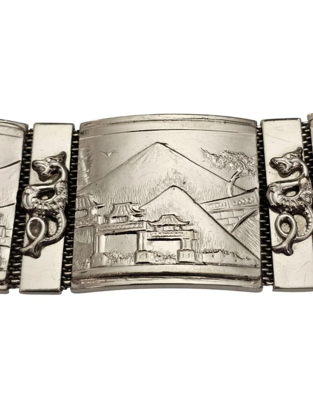 Whiting & Davis Silver Tone Asian Themed Dragon Storyteller Hinged Bracelet J845